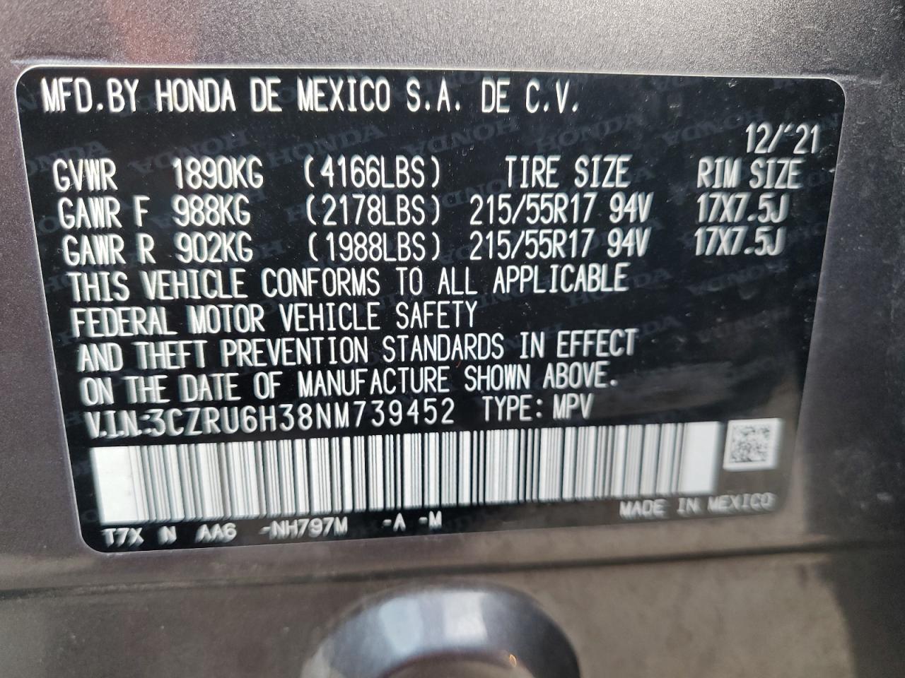 3CZRU6H38NM739452 2022 Honda Hr-V Lx