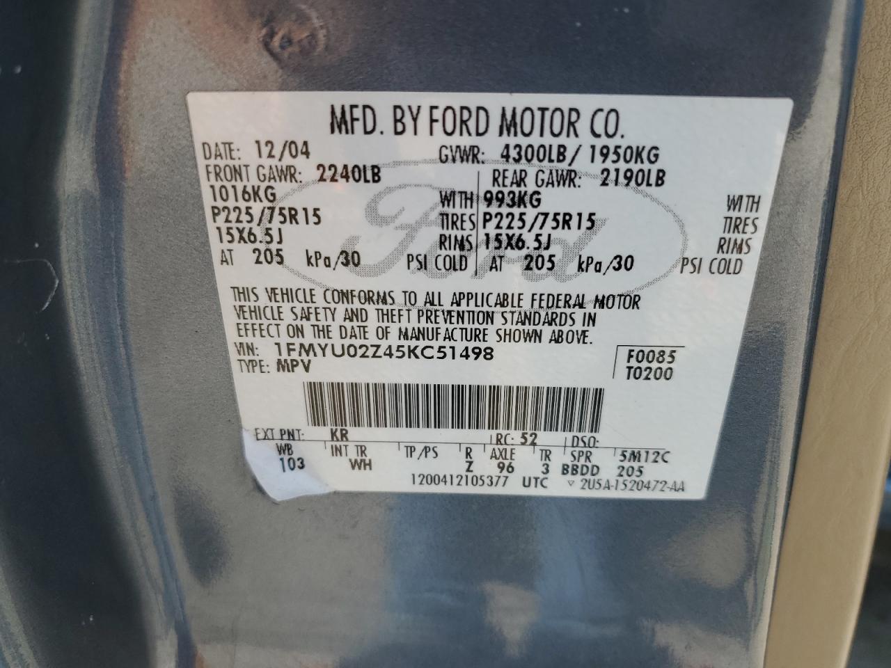 1FMYU02Z45KC51498 2005 Ford Escape Xls