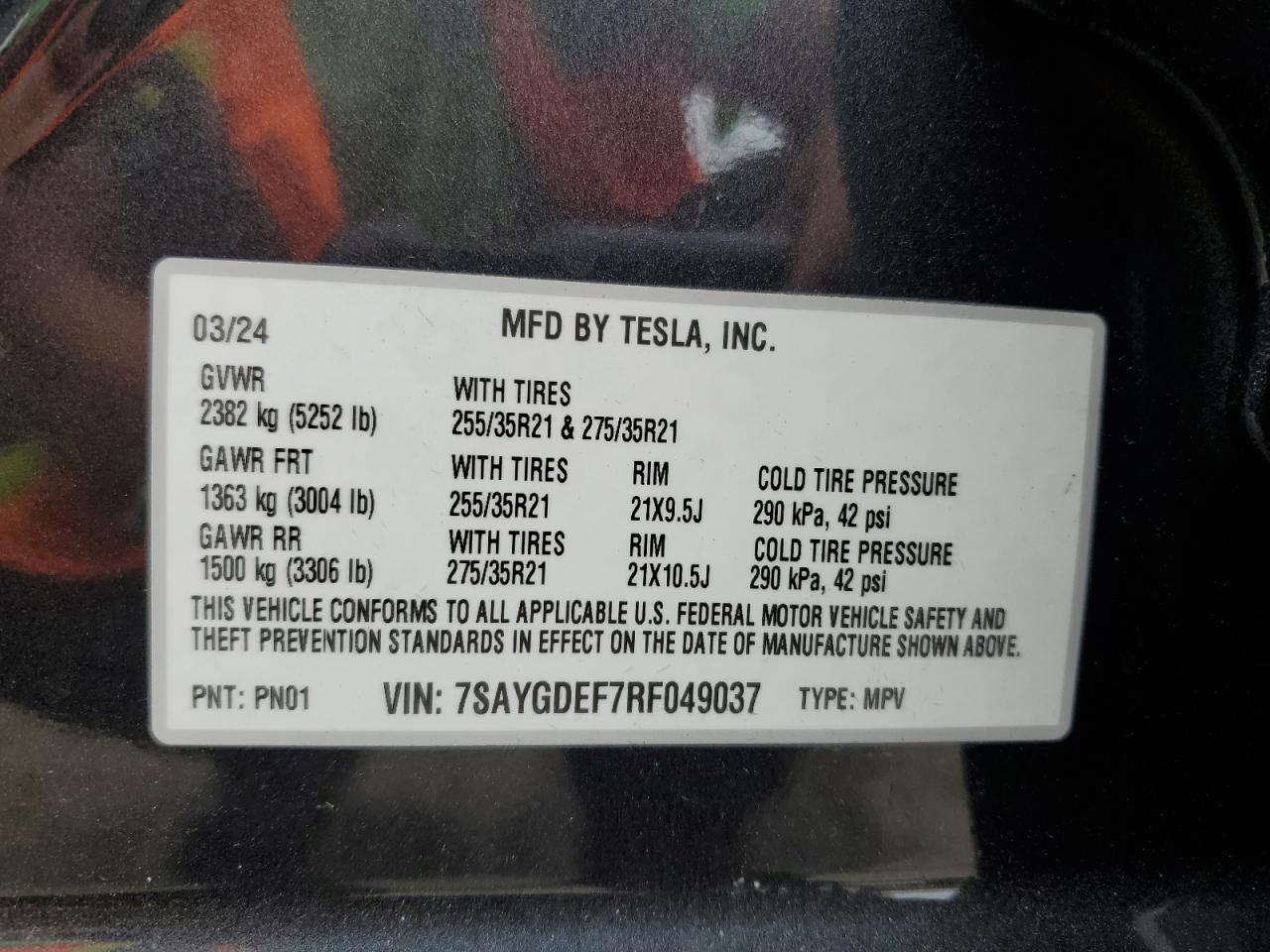 2024 Tesla Model Y VIN: 7SAYGDEF7RF049037 Lot: 70650444