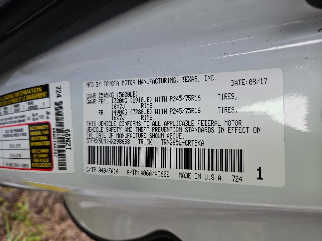 5TFRX5GN7HX098688 2017 Toyota Tacoma Access Cab