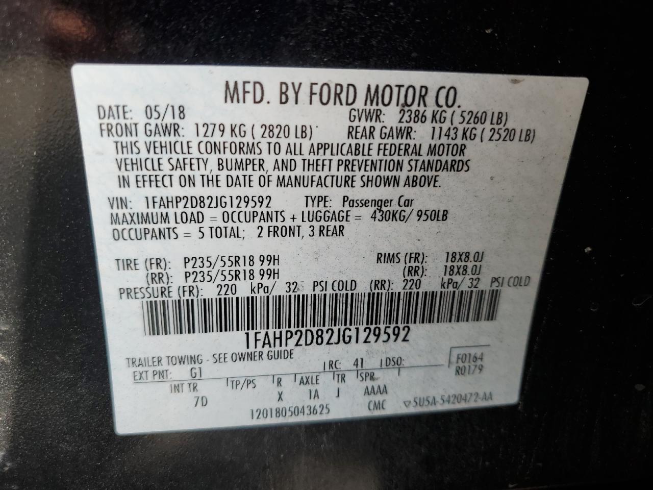 1FAHP2D82JG129592 2018 Ford Taurus Se