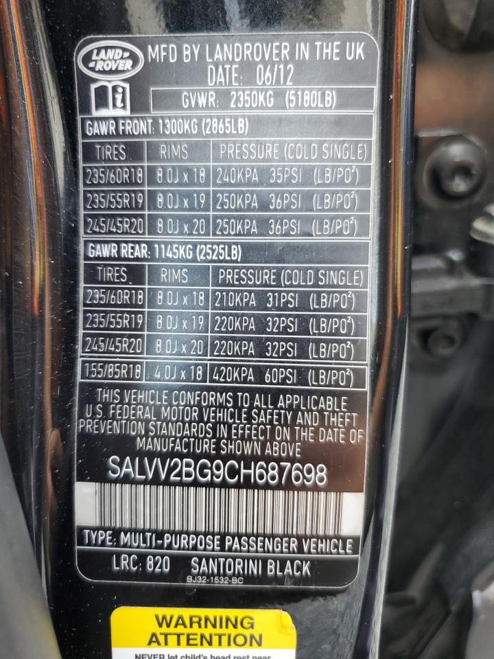 2012 Land Rover Range Rover Evoque Prestige Premium VIN: SALVV2BG9CH687698 Lot: 73868614