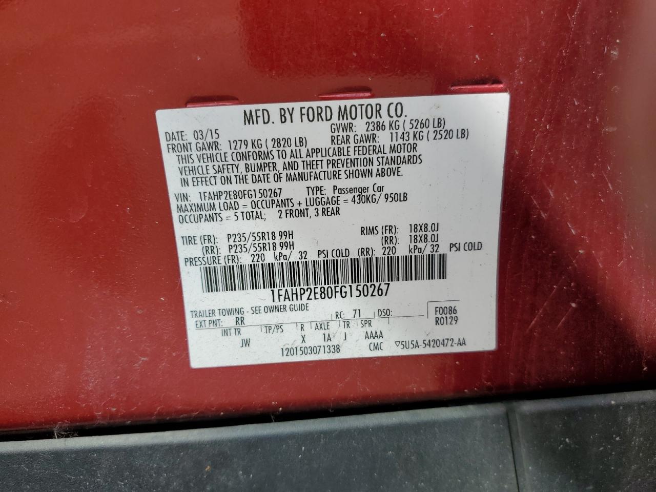 2015 Ford Taurus Sel VIN: 1FAHP2E80FG150267 Lot: 70538404