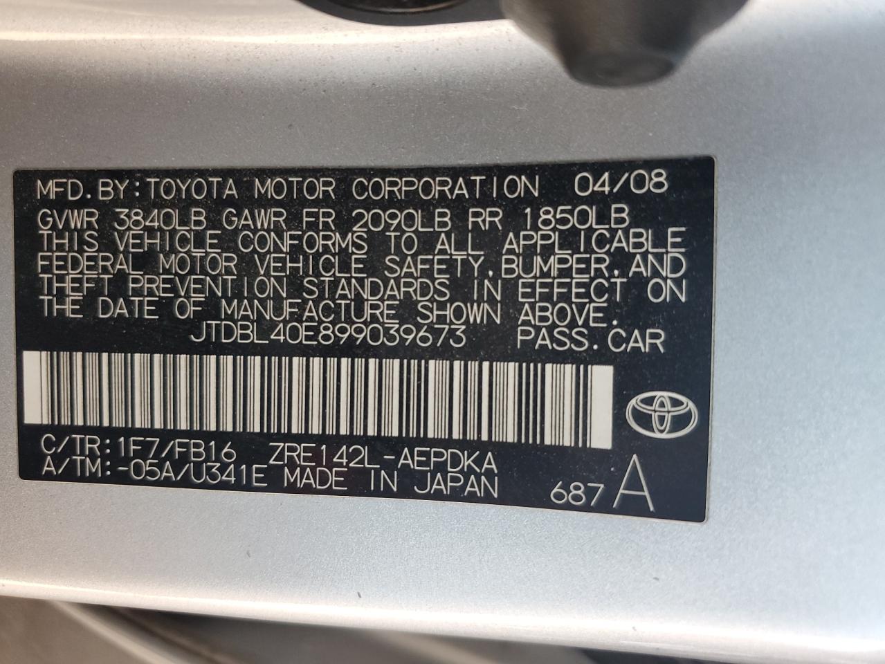 JTDBL40E899039673 2009 Toyota Corolla Base