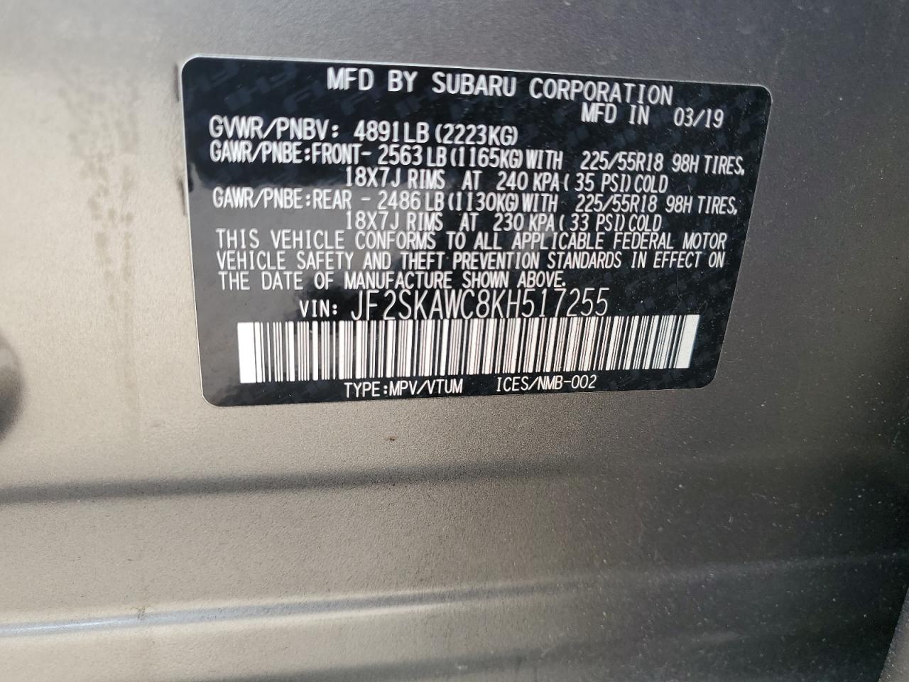 JF2SKAWC8KH517255 2019 Subaru Forester Touring