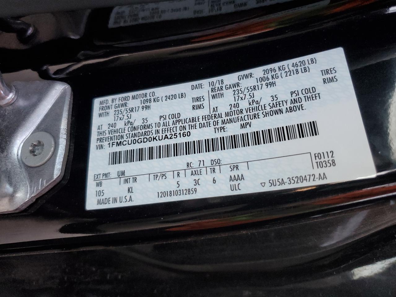 1FMCU0GD0KUA25160 2019 Ford Escape Se