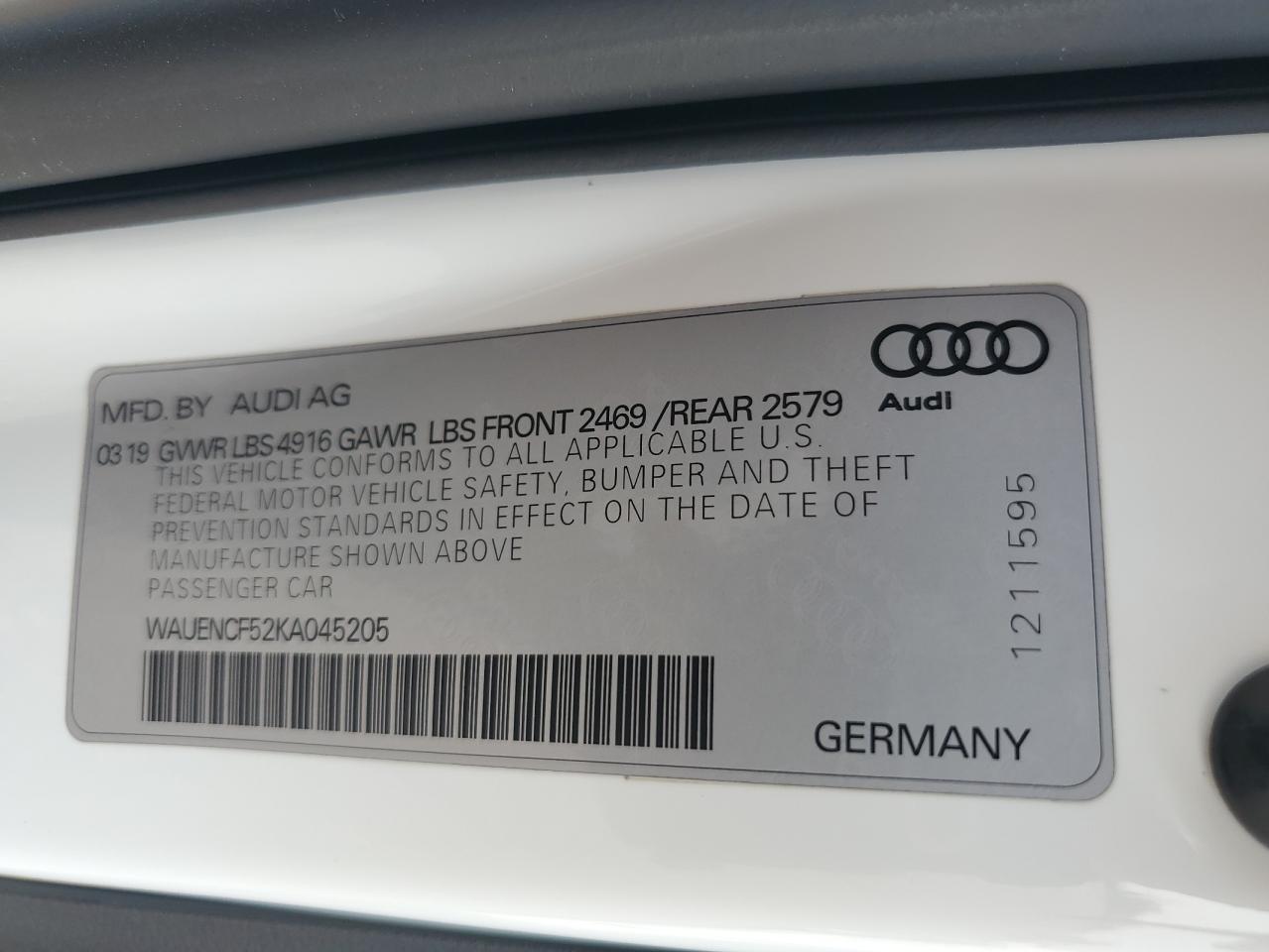 WAUENCF52KA045205 2019 Audi A5 Premium Plus S-Line