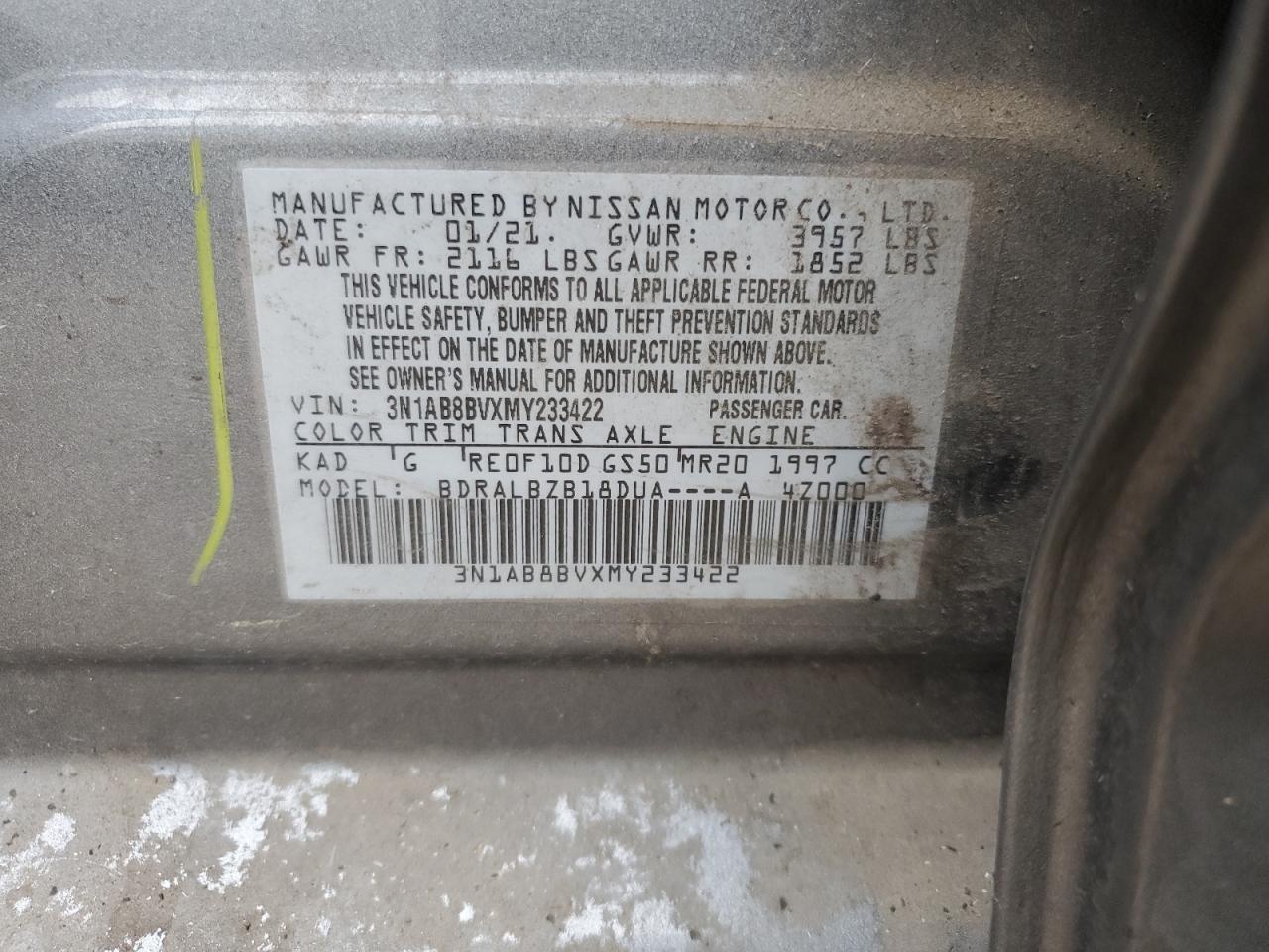 3N1AB8BVXMY233422 2021 Nissan Sentra S