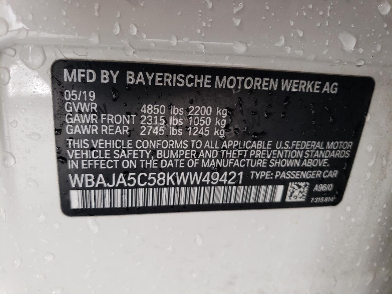 WBAJA5C58KWW49421 2019 BMW 530 I