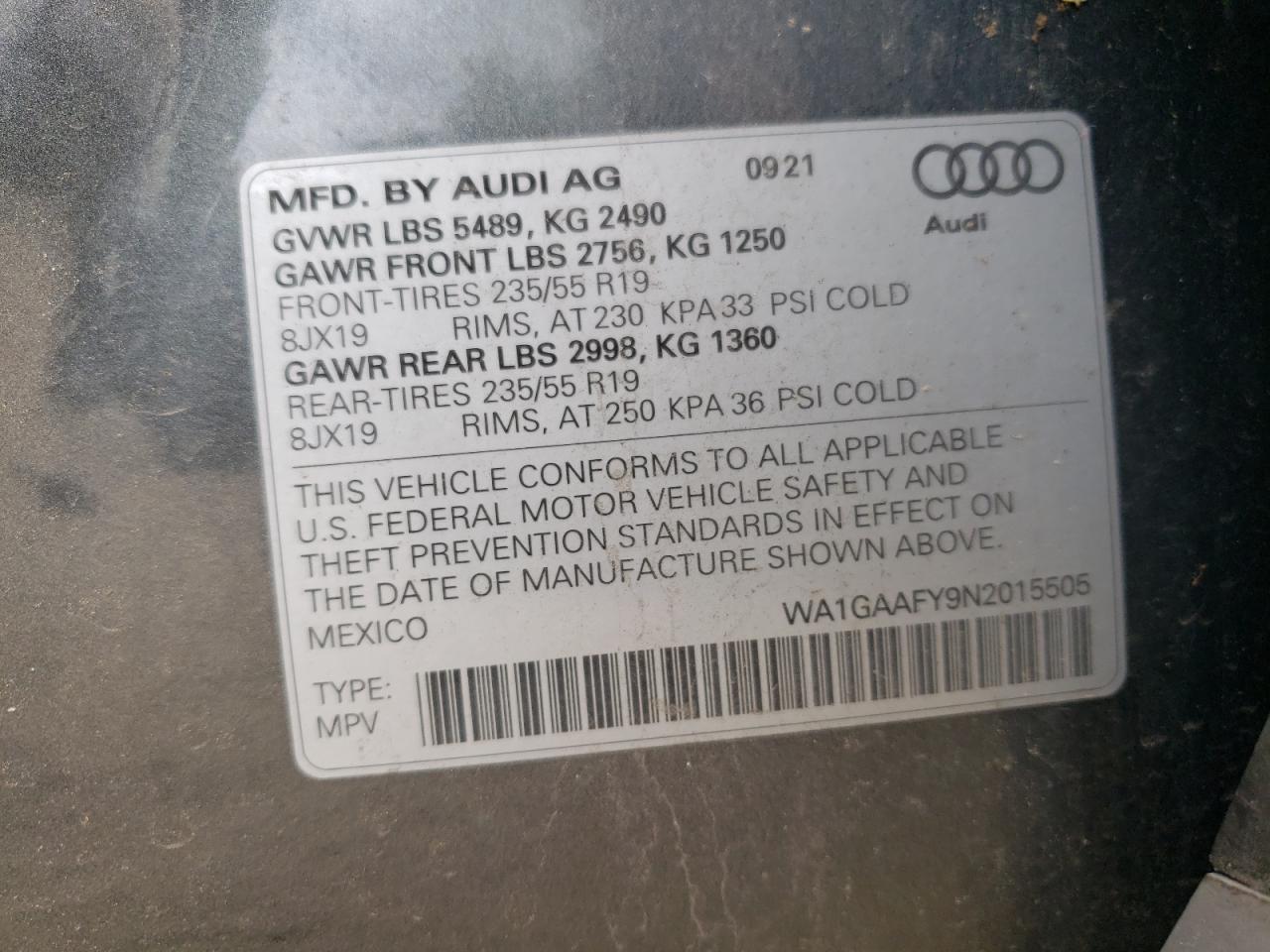 WA1GAAFY9N2015505 2022 Audi Q5 Premium 45