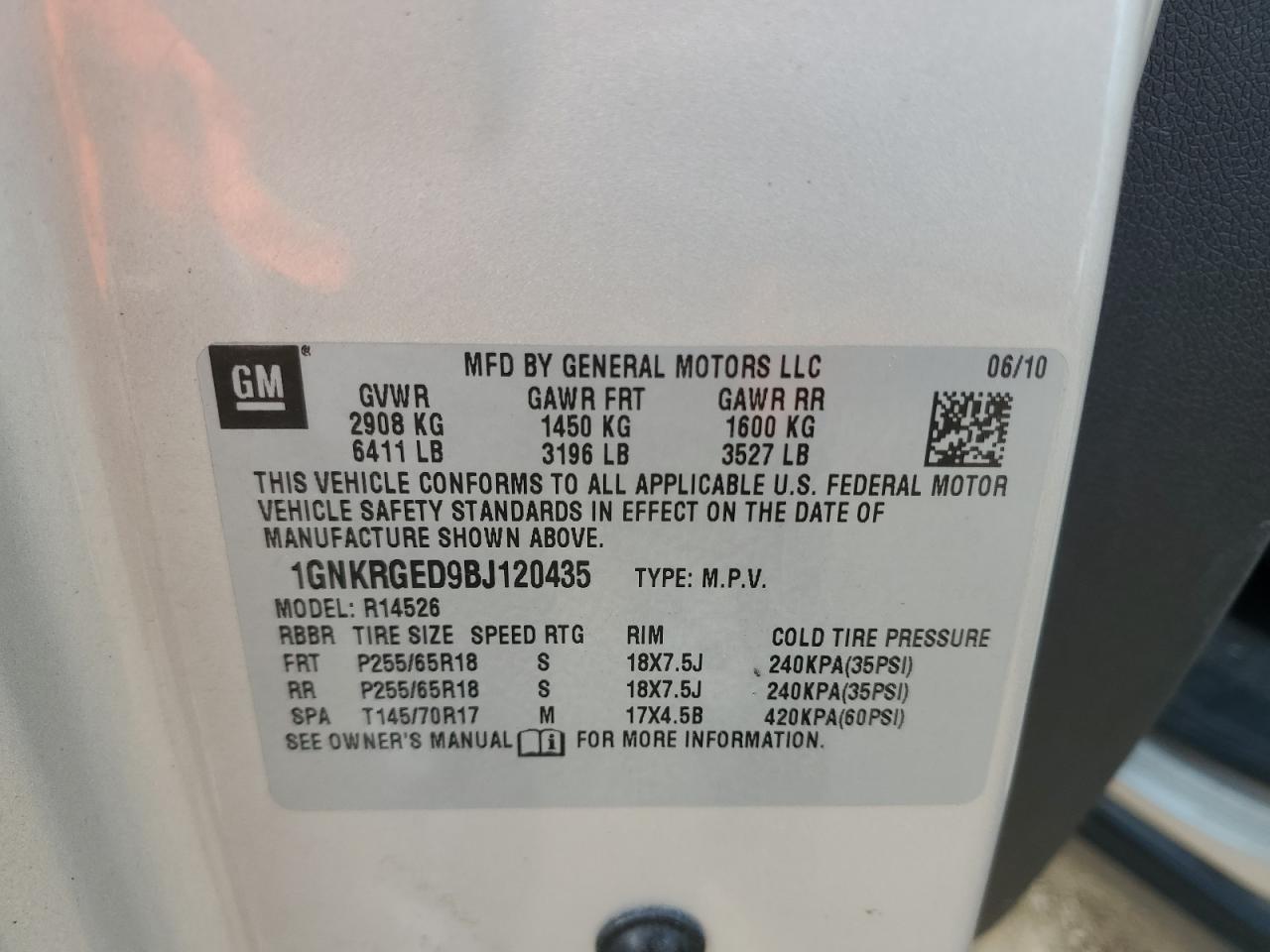 2011 Chevrolet Traverse Lt VIN: 1GNKRGED9BJ120435 Lot: 73011514