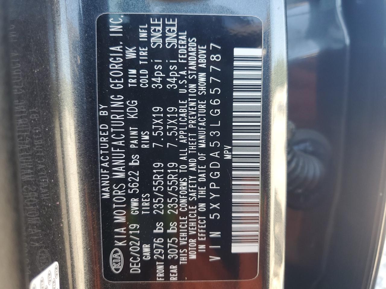 5XYPGDA53LG657787 2020 Kia Sorento S