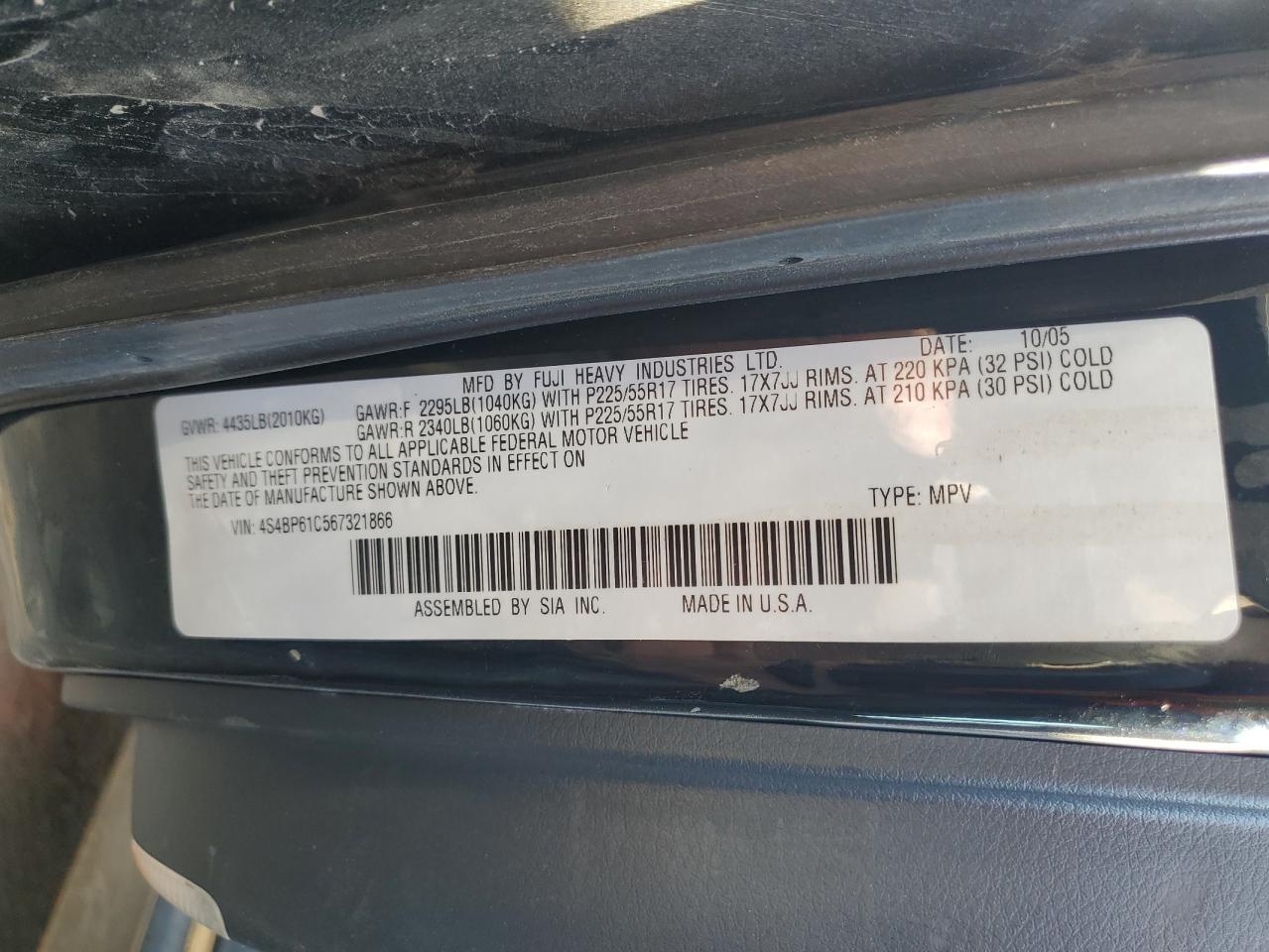 4S4BP61C567321866 2006 Subaru Legacy Outback 2.5I