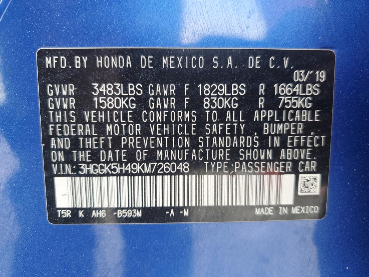 3HGGK5H49KM726048 2019 Honda Fit Lx