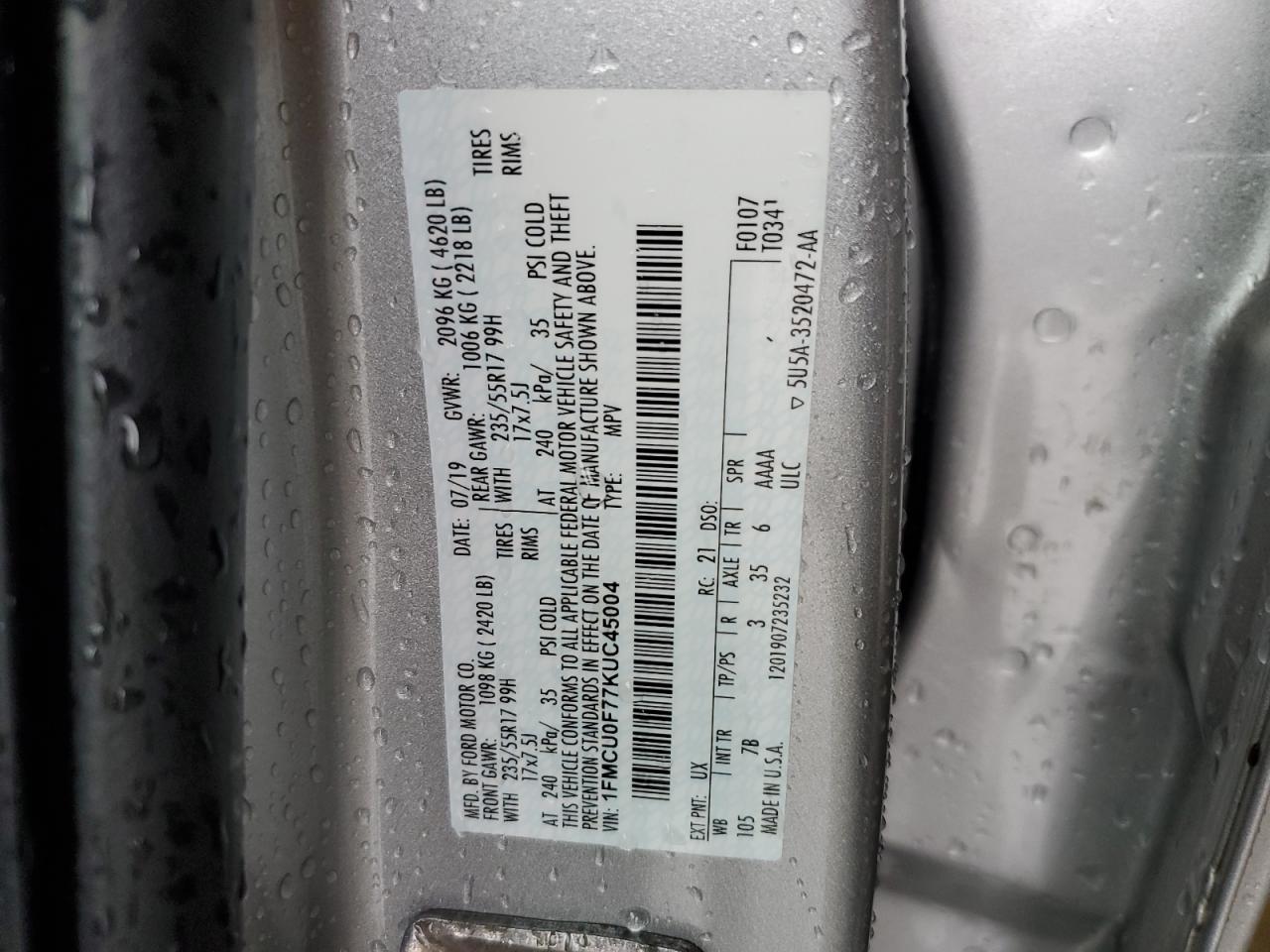 1FMCU0F77KUC45004 2019 Ford Escape S