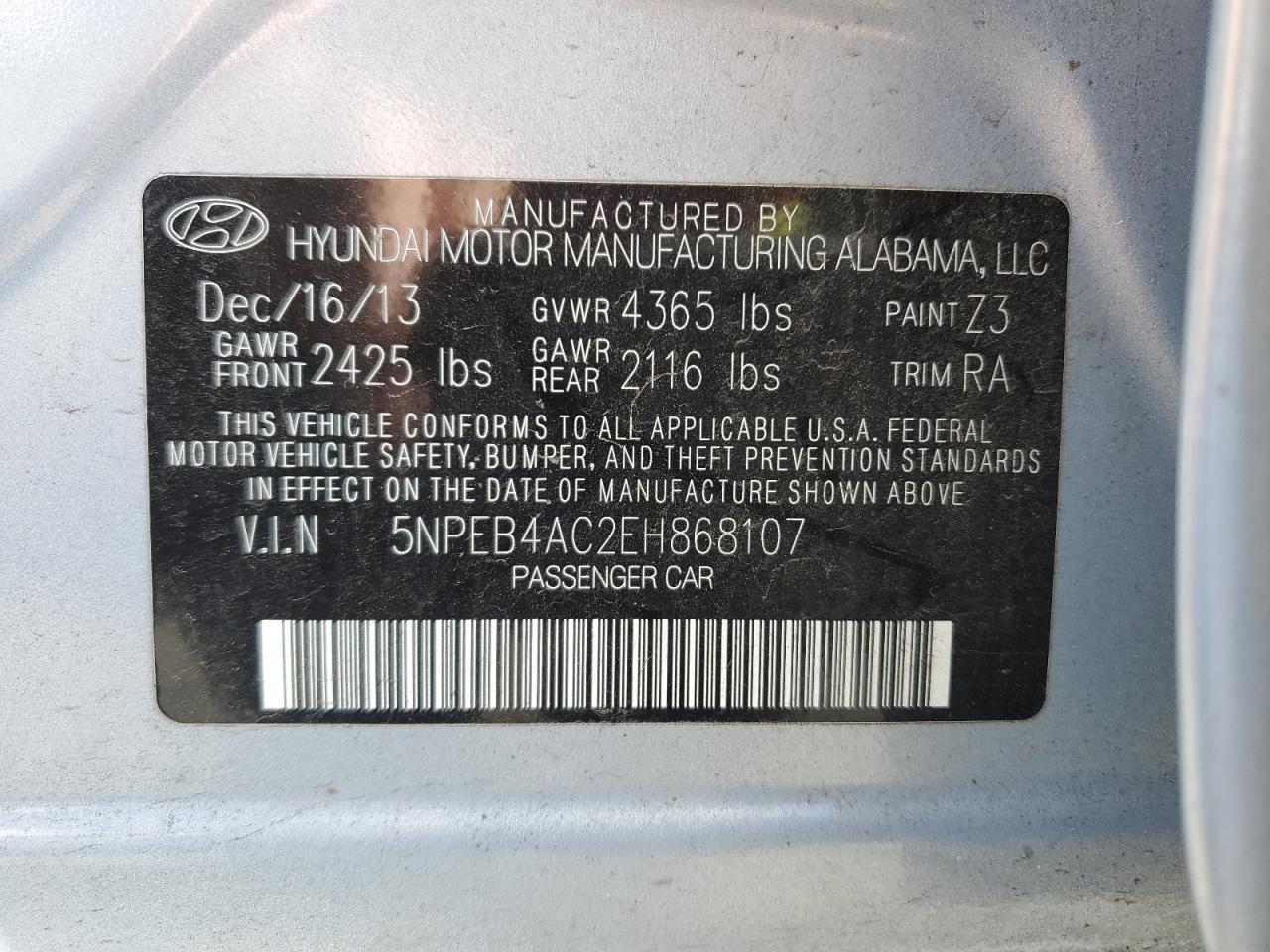 5NPEB4AC2EH868107 2014 Hyundai Sonata Gls