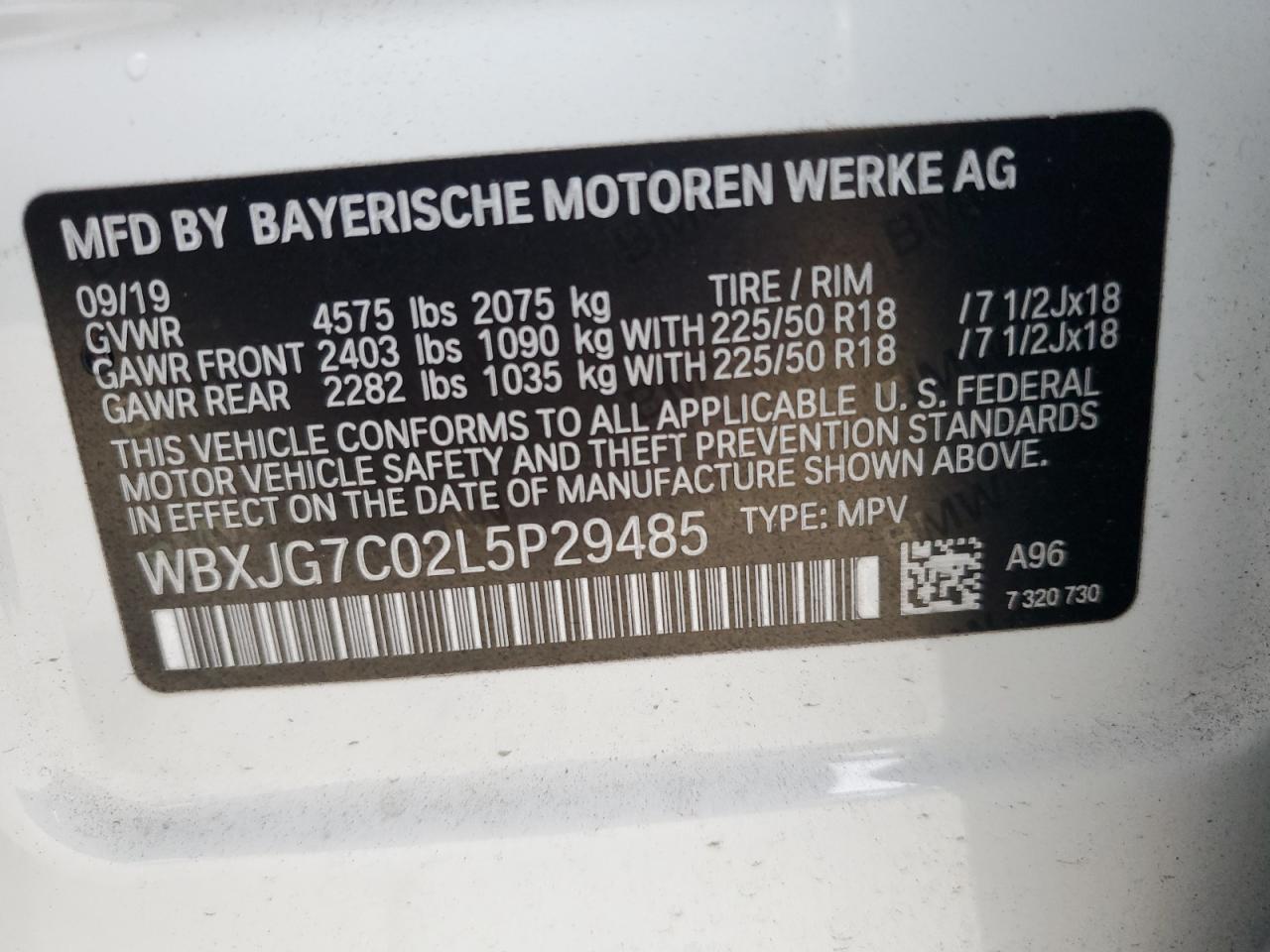 2020 BMW X1 Sdrive28I VIN: WBXJG7C02L5P29485 Lot: 72657144