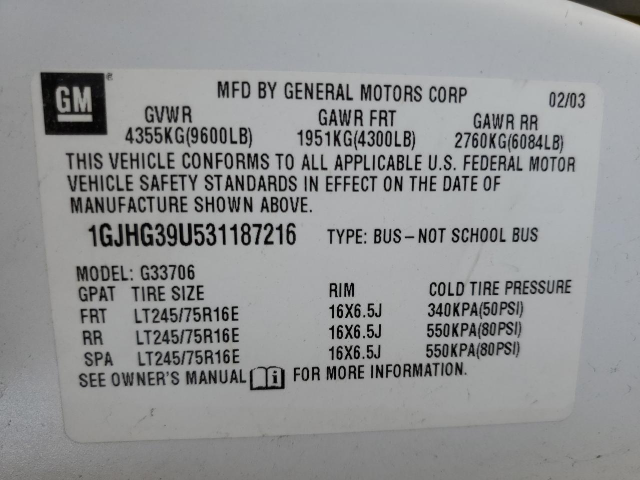 1GJHG39U531187216 2003 GMC Savana G3500