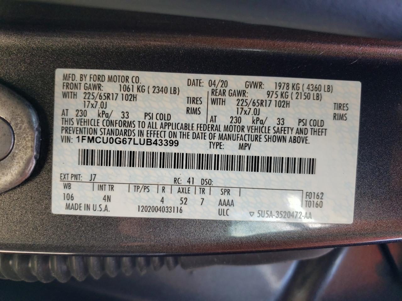 1FMCU0G67LUB43399 Ford Escape SE 13