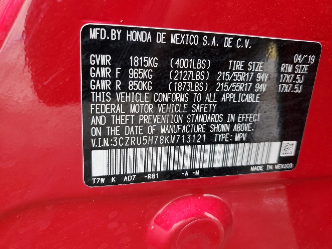 3CZRU5H78KM713121 2019 Honda Hr-V Exl