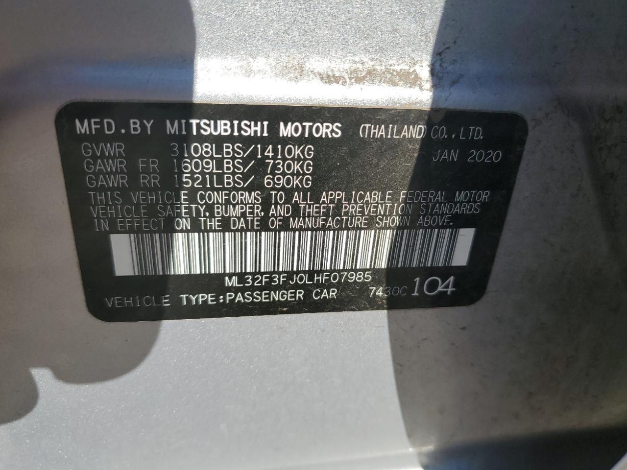 ML32F3FJ0LHF07985 2020 Mitsubishi Mirage G4 Es