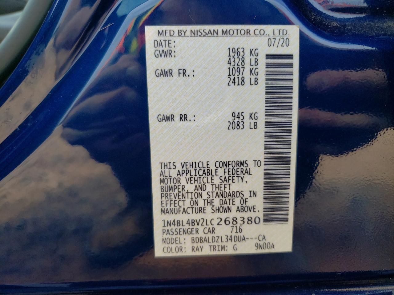 VIN 1N4BL4BV2LC268380 2020 NISSAN ALTIMA no.12