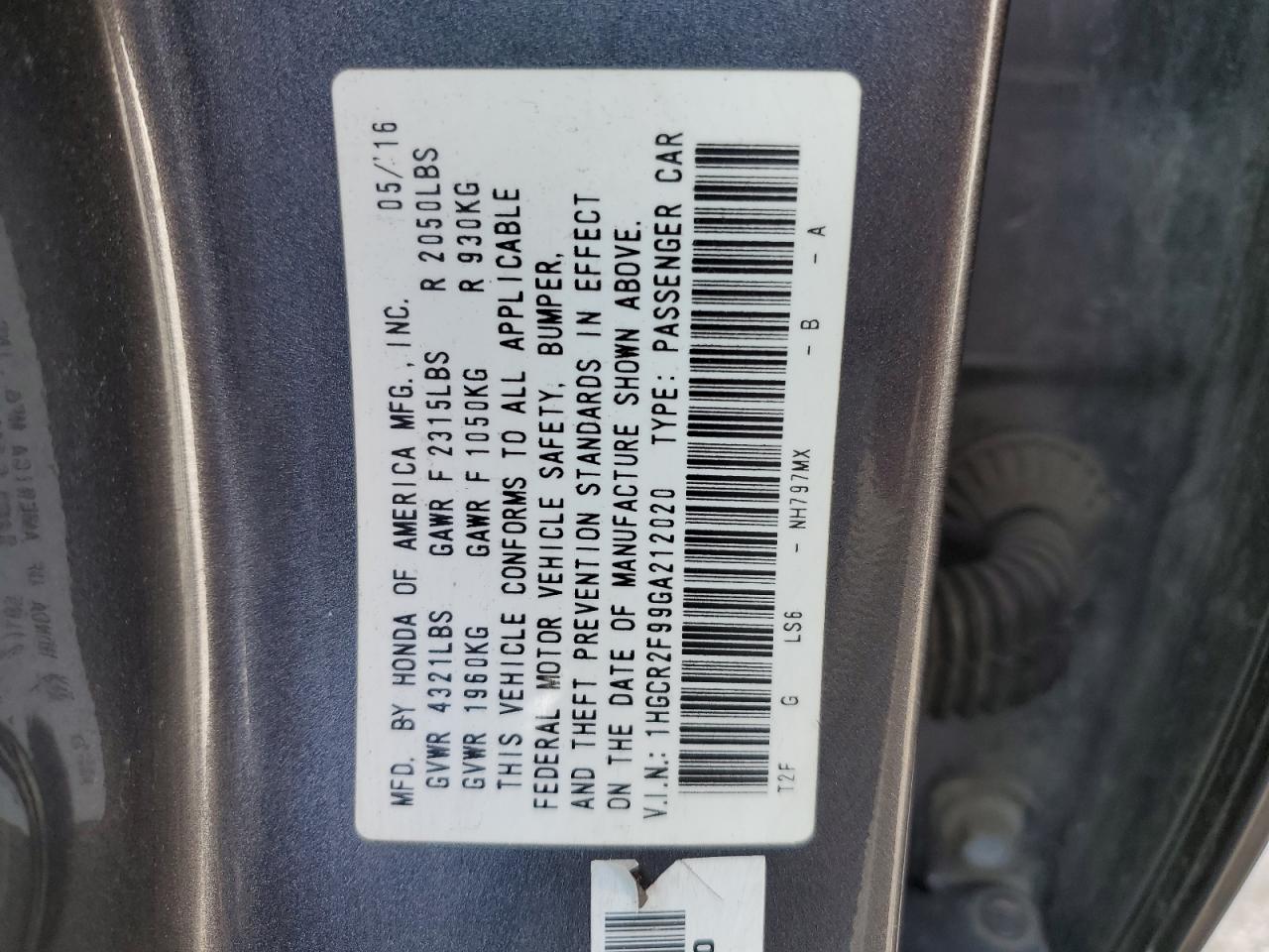 1HGCR2F99GA212020 2016 Honda Accord Exl