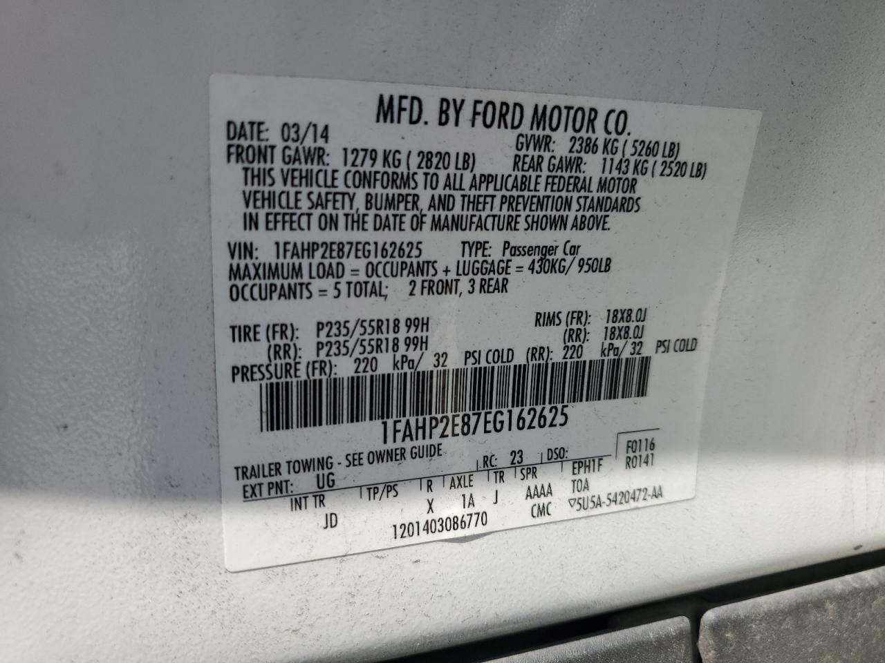 1FAHP2E87EG162625 2014 Ford Taurus Sel