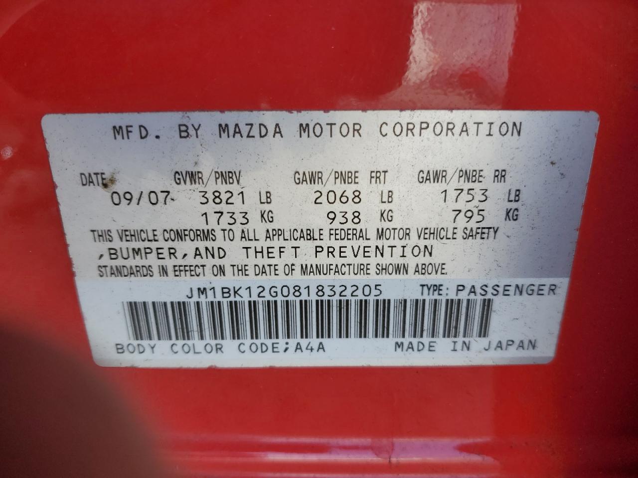 2008 Mazda 3 I VIN: JM1BK12G081832205 Lot: 72066184