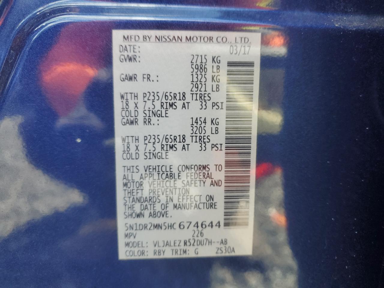 2017 Nissan Pathfinder S VIN: 5N1DR2MN5HC674644 Lot: 72065554