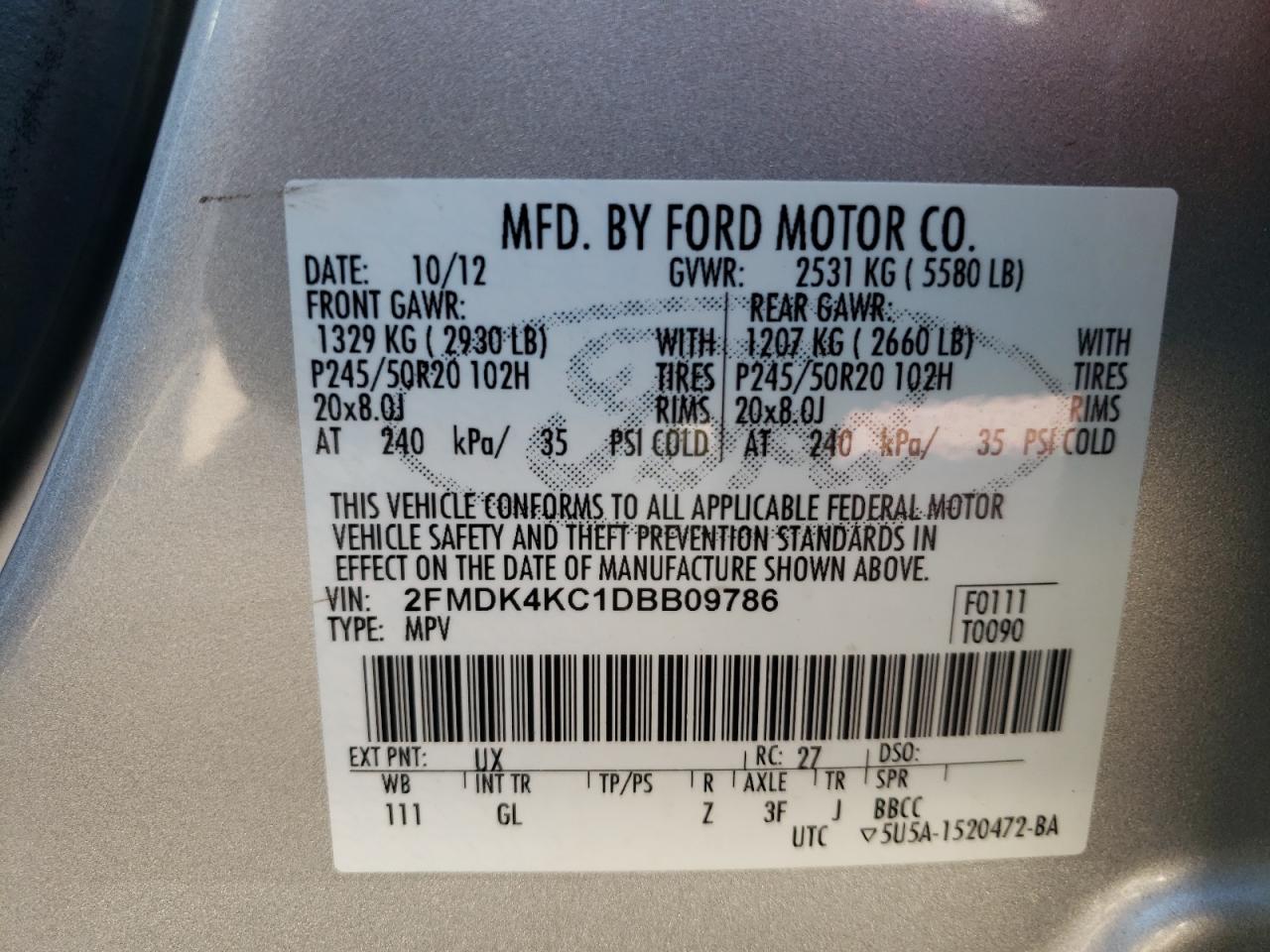 2013 Ford Edge Limited VIN: 2FMDK4KC1DBB09786 Lot: 70917874