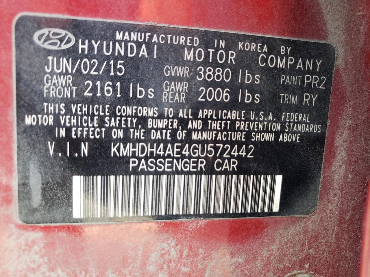 2016 Hyundai Elantra Se VIN: KMHDH4AE4GU572442 Lot: 72005754