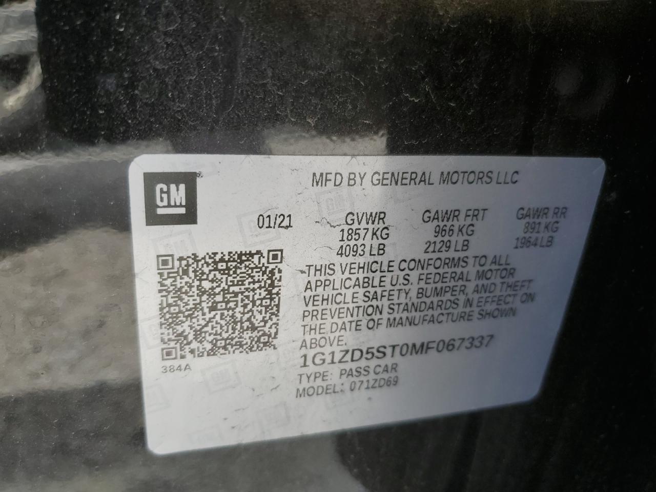 1G1ZD5ST0MF067337 2021 Chevrolet Malibu Lt