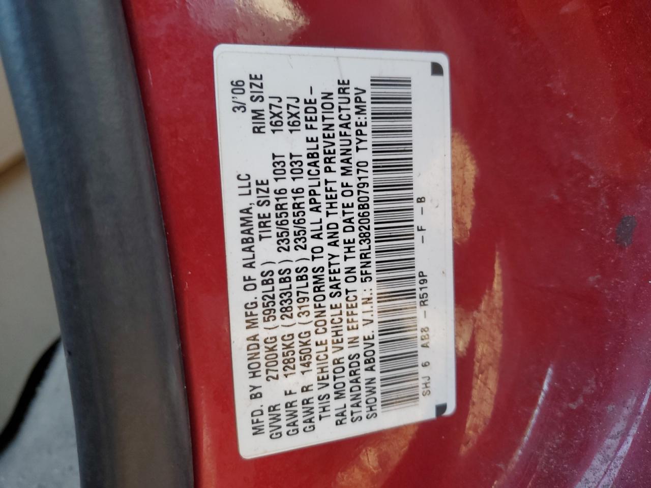 5FNRL38206B079170 2006 Honda Odyssey Lx