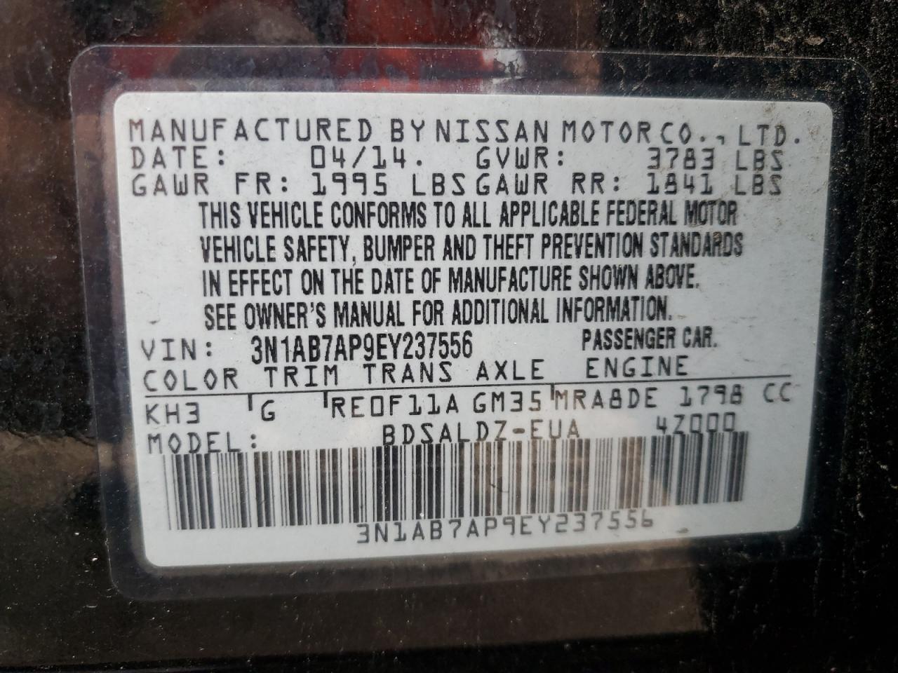 3N1AB7AP9EY237556 2014 Nissan Sentra S