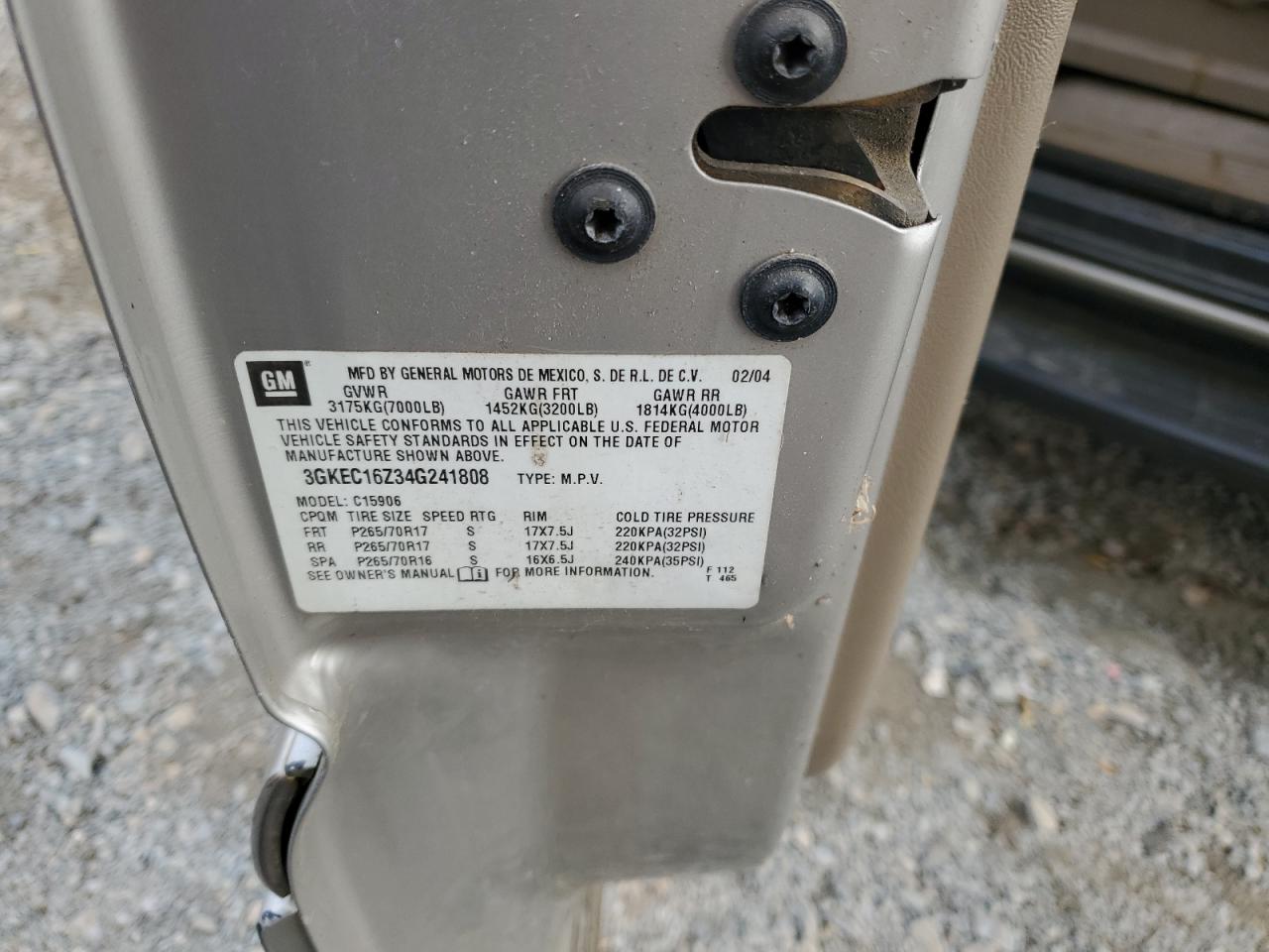 2004 GMC Yukon Xl C1500 VIN: 3GKEC16Z34G241808 Lot: 86658845