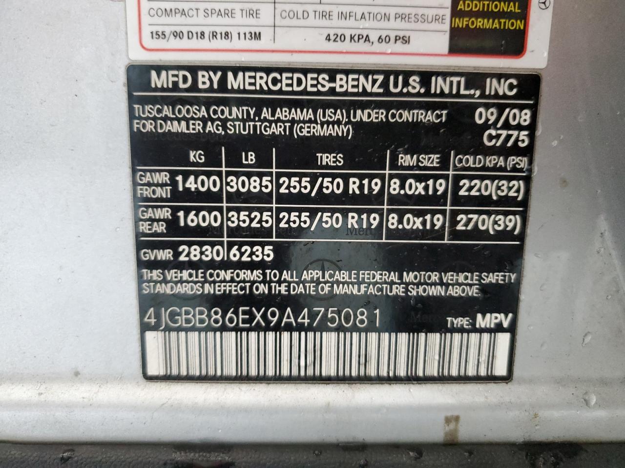 4JGBB86EX9A475081 2009 Mercedes-Benz Ml 350