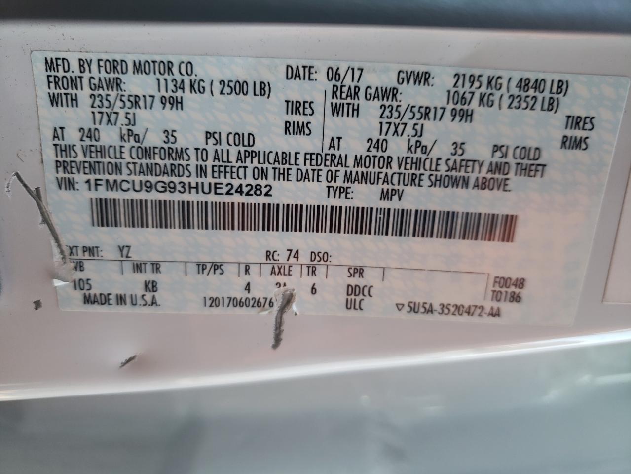 1FMCU9G93HUE24282 2017 Ford Escape Se