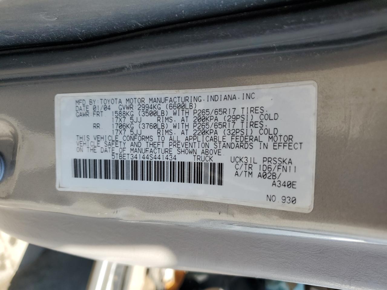 5TBET34144S441434 2004 Toyota Tundra Double Cab Sr5