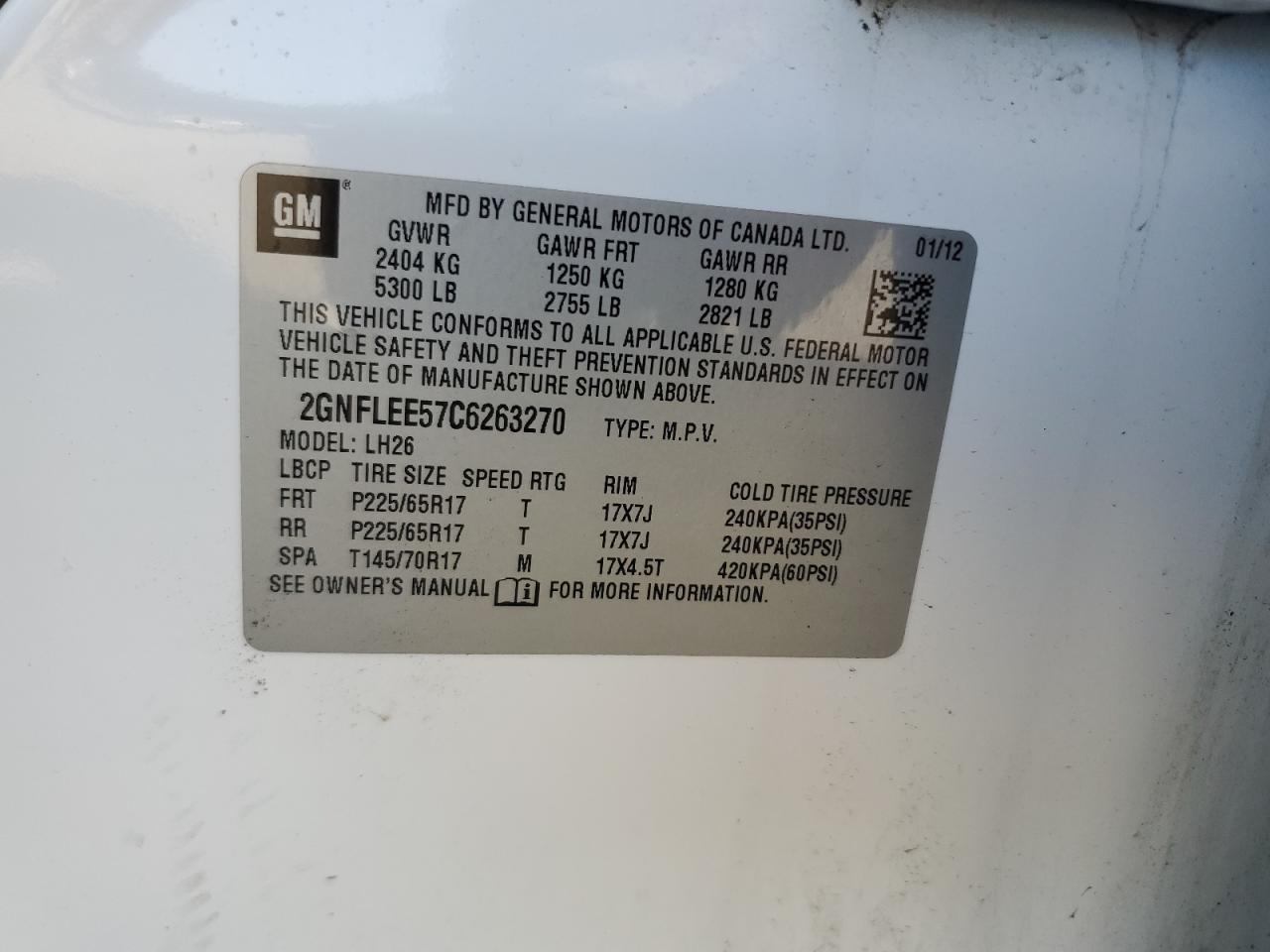 2GNFLEE57C6263270 2012 Chevrolet Equinox Lt