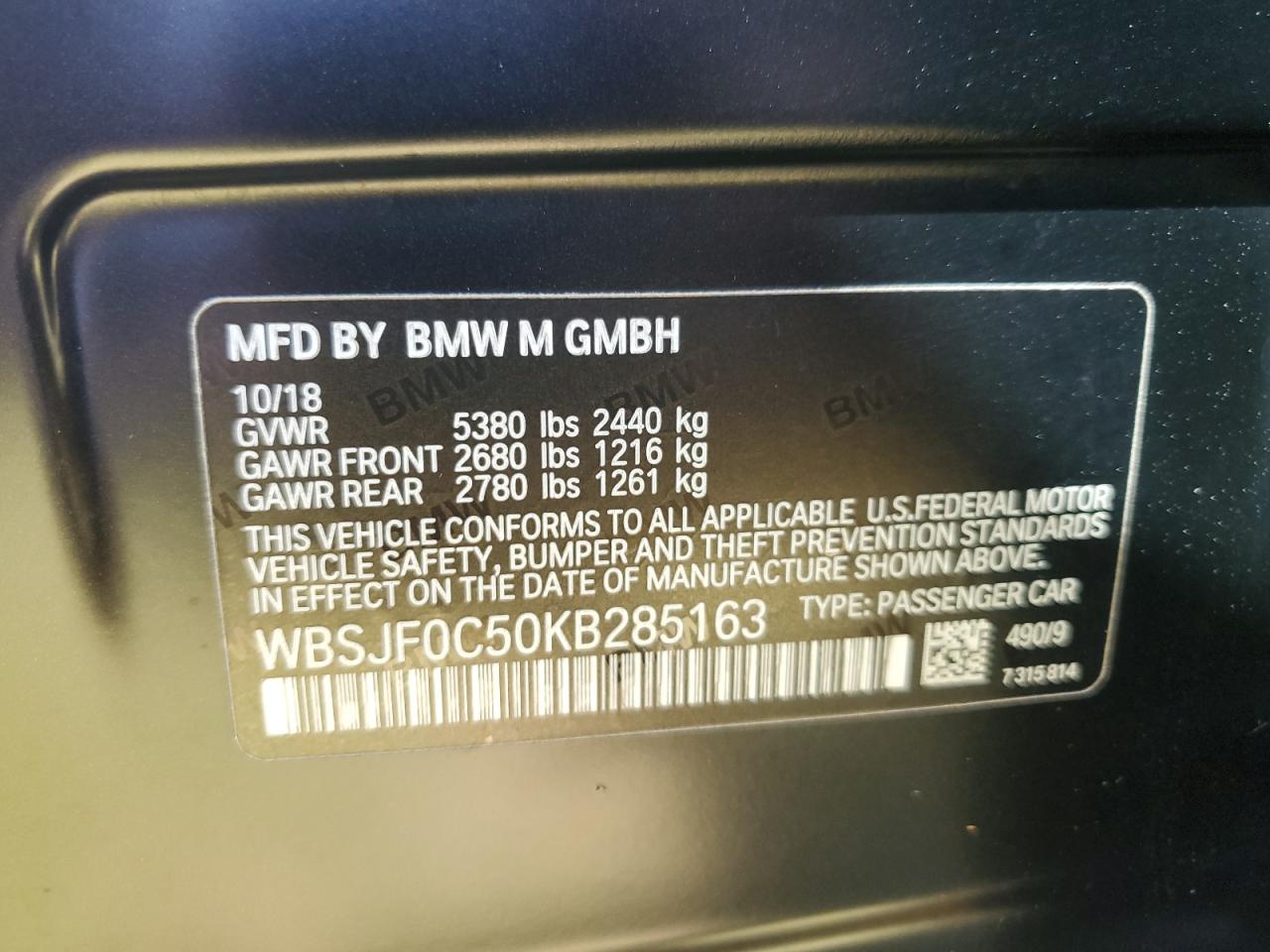 WBSJF0C50KB285163 2019 BMW M5