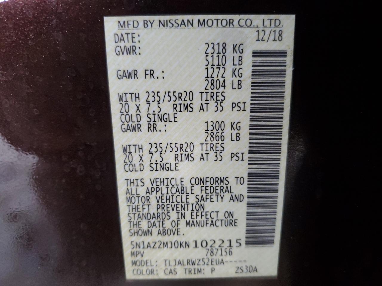 5N1AZ2MJ0KN102215 2019 Nissan Murano S