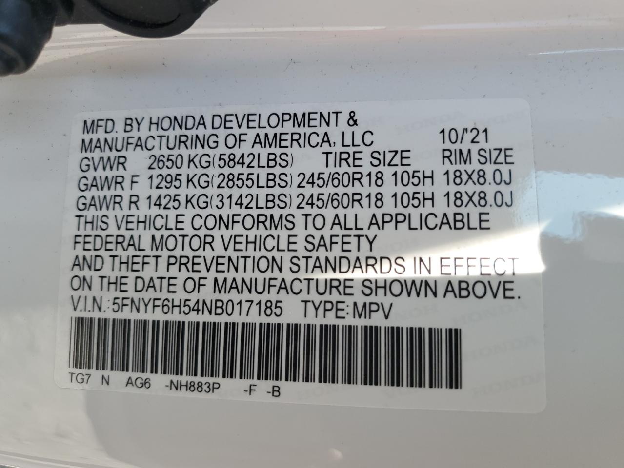 5FNYF6H54NB017185 2022 Honda Pilot Exl