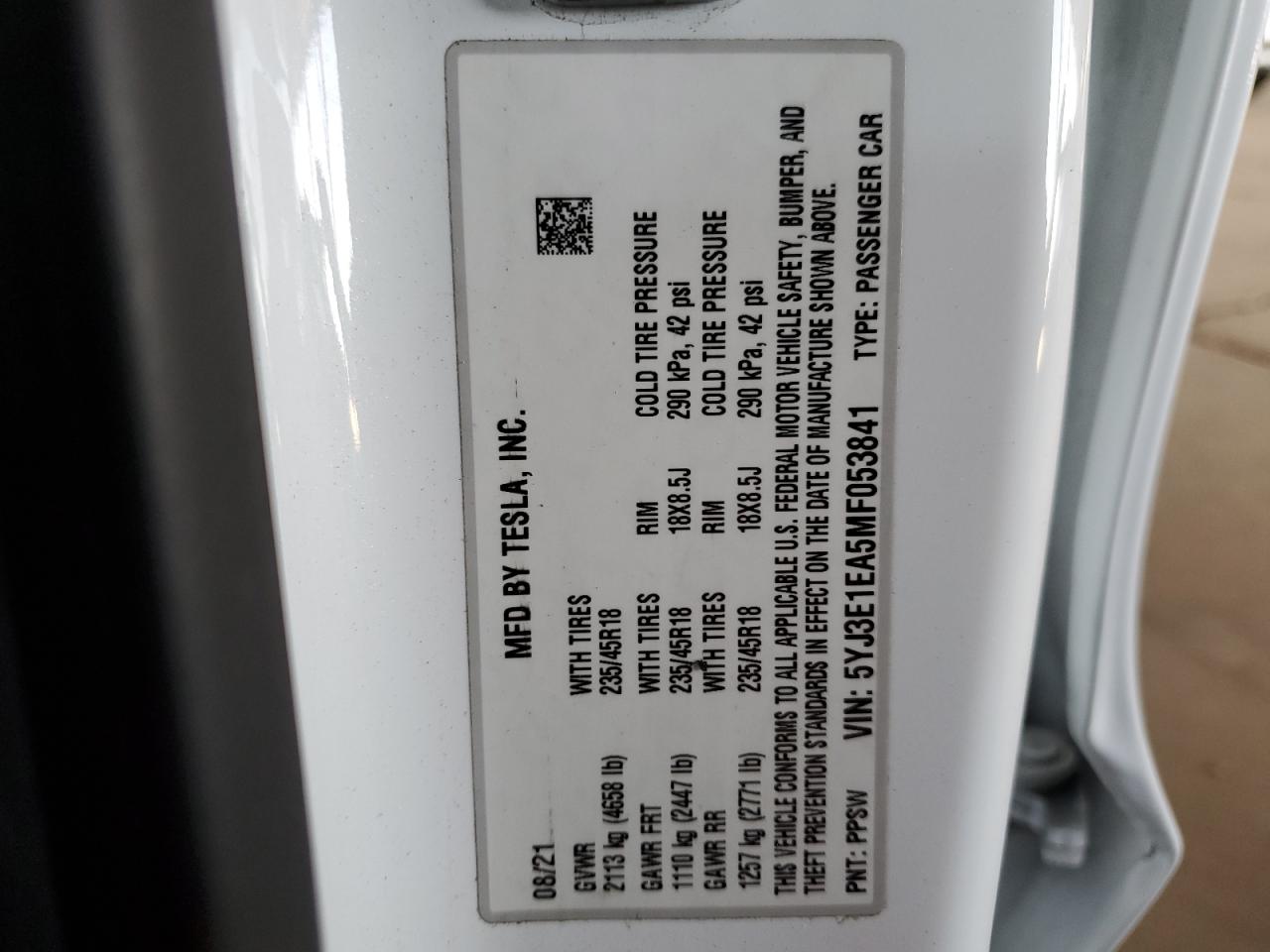 5YJ3E1EA5MF053841 2021 Tesla Model 3