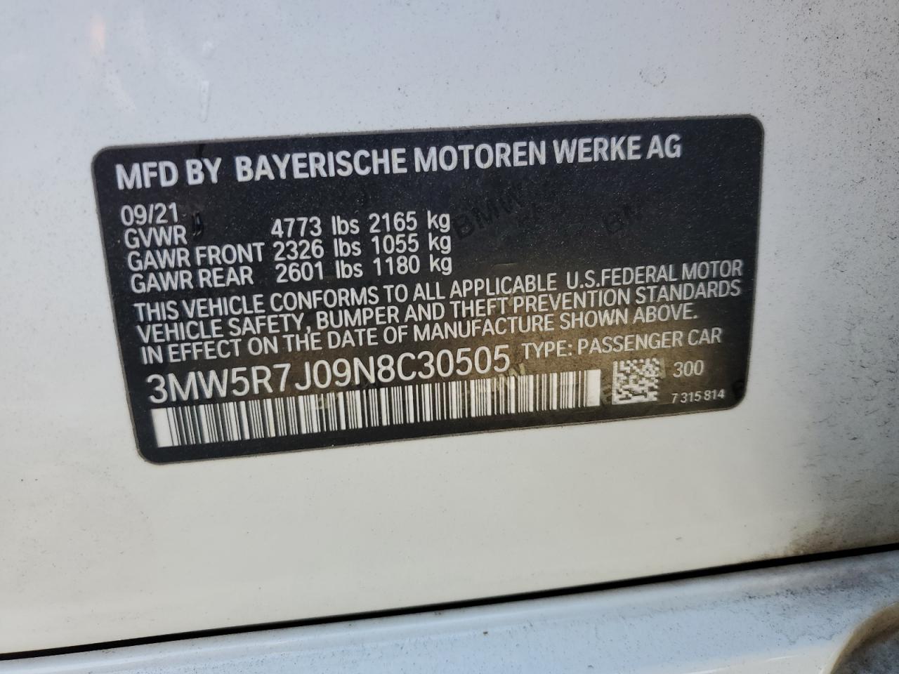 2022 BMW 330Xi VIN: 3MW5R7J09N8C30505 Lot: 70132554