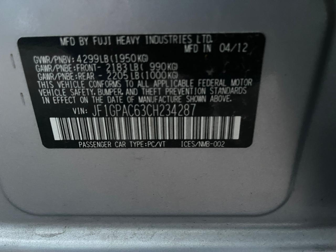 JF1GPAC63CH234287 2012 Subaru Impreza Premium