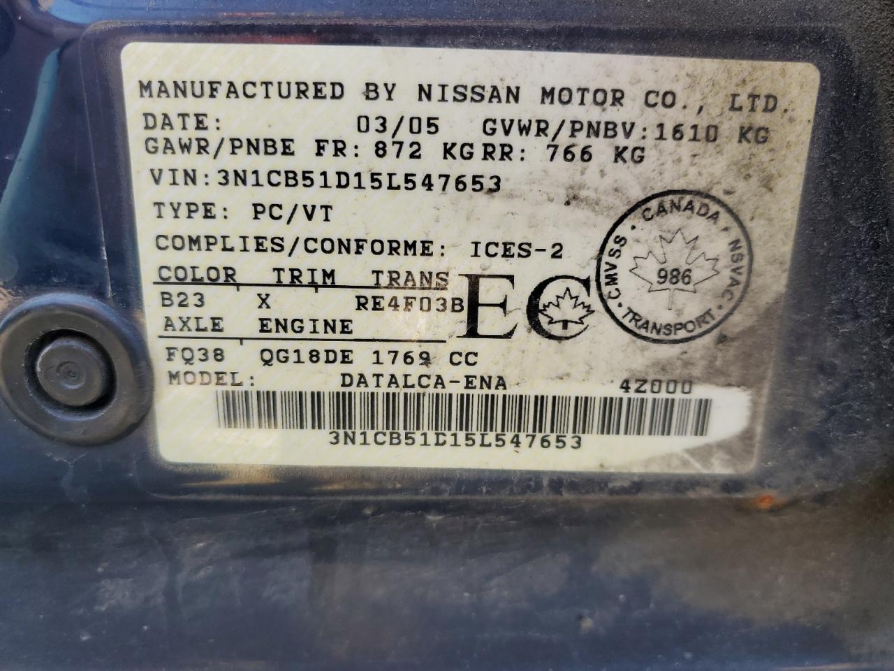 3N1CB51D15L547653 2005 Nissan Sentra 1.8