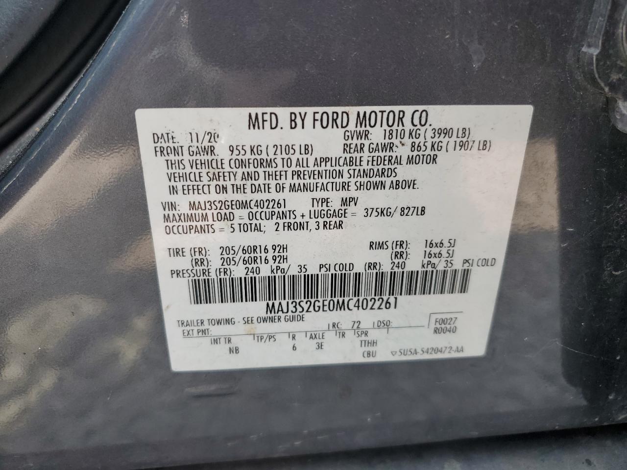 MAJ3S2GE0MC402261 2021 Ford Ecosport Se