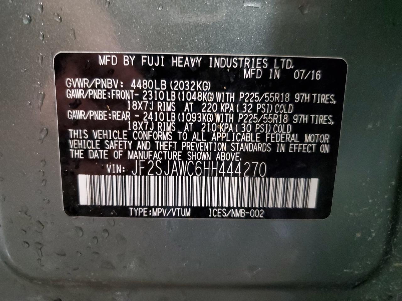 2017 Subaru Forester 2.5I Touring VIN: JF2SJAWC6HH444270 Lot: 71536394