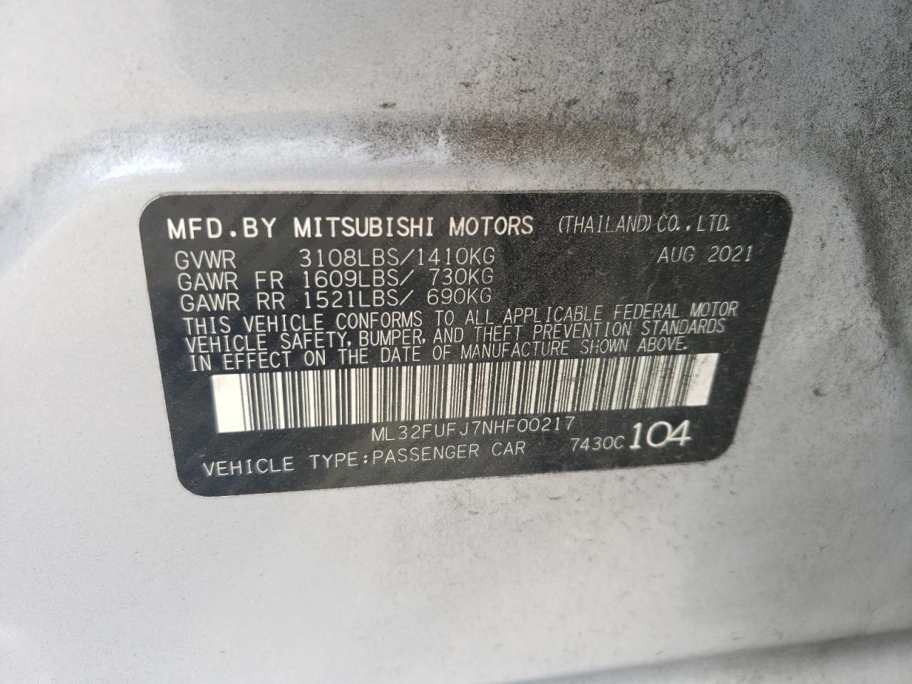 2022 Mitsubishi Mirage G4 Es VIN: ML32FUFJ7NHF00217 Lot: 71381074